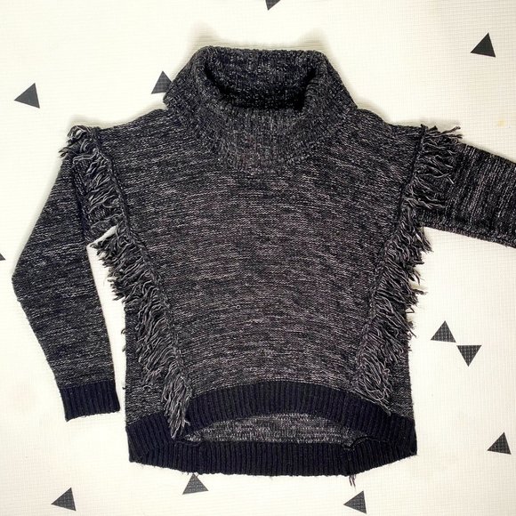 RD Style Fringe Marled Knit Charcoal Cowl Turtleneck High / Low Sweater - Picture 2 of 7